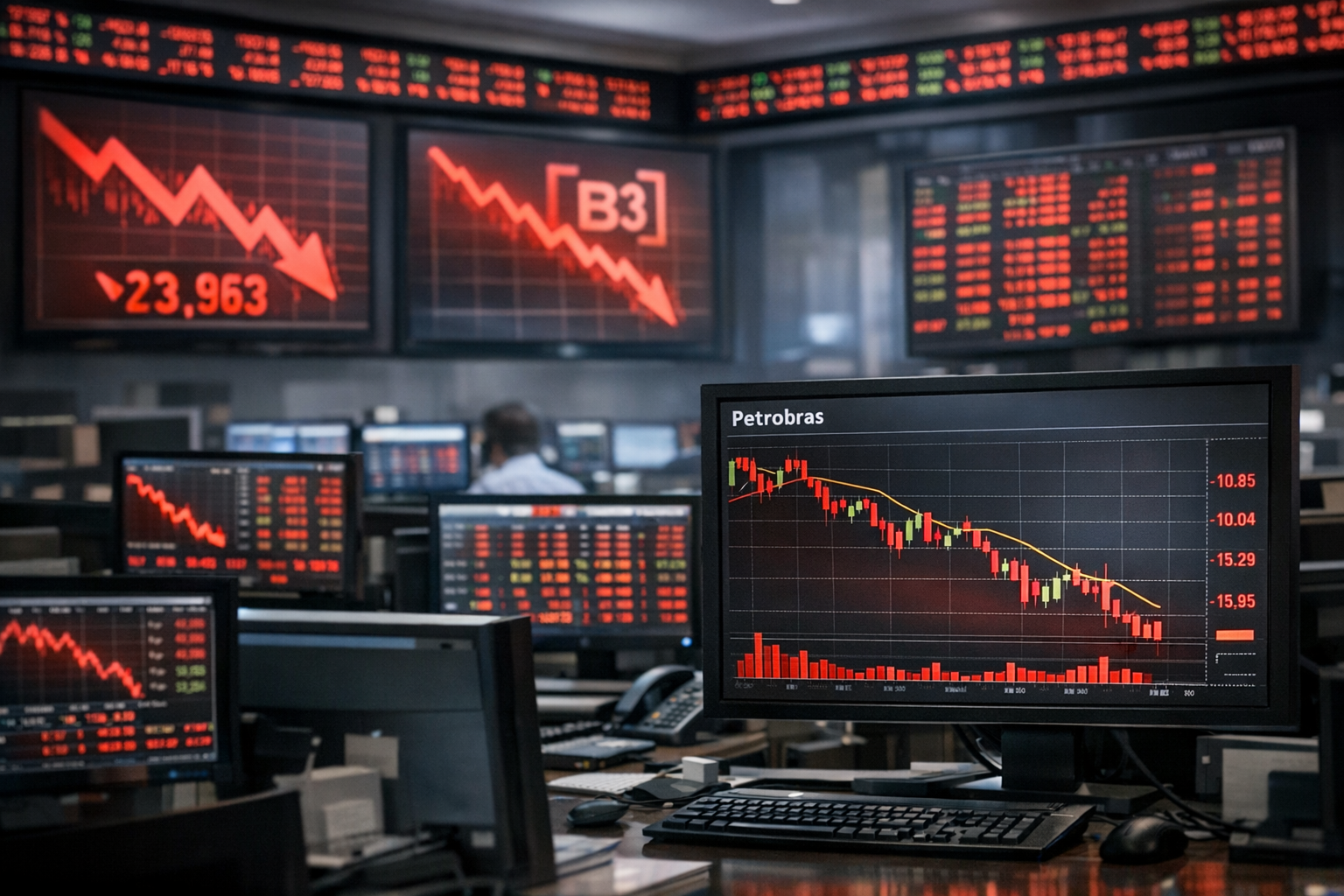Painel da bolsa brasileira com ações da B3, Ibovespa e reação do mercado aos principais fatores do dia