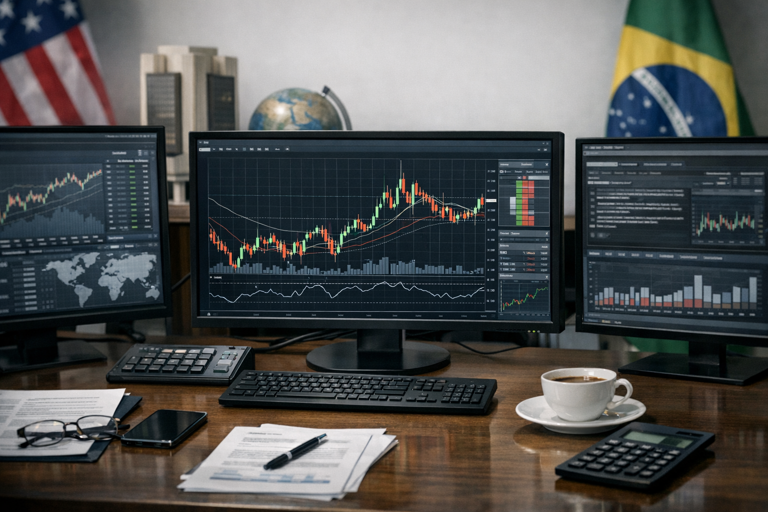 Painel do mercado cambial com cotação do dólar e reação dos investidores ao principal gatilho da sessão