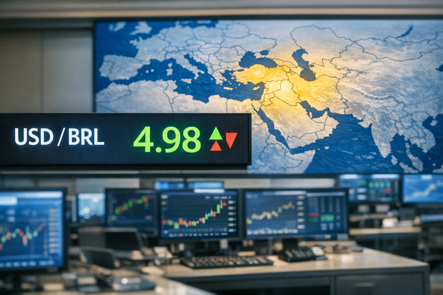 Painel do mercado cambial com cotação do dólar e reação dos investidores ao principal gatilho da sessão