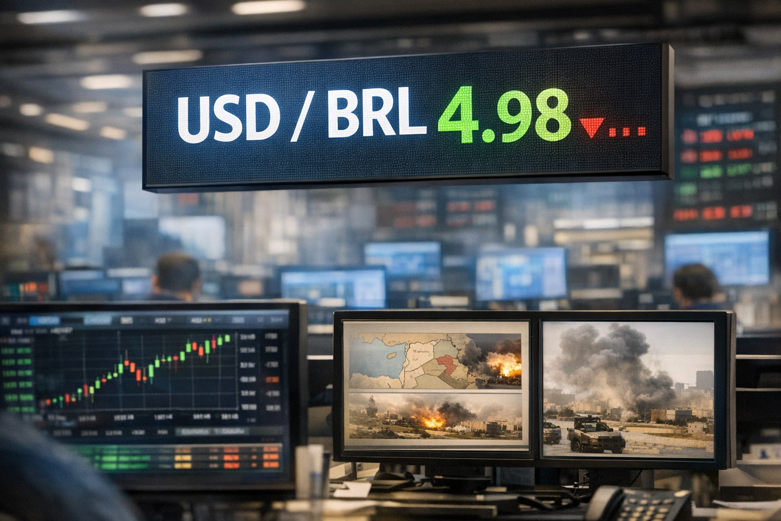 Painel do mercado cambial com cotação do dólar e reação dos investidores ao principal gatilho da sessão