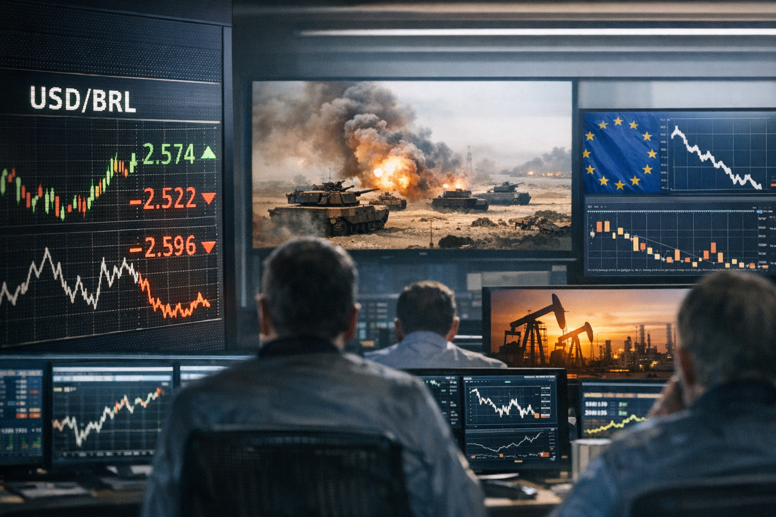 Painel do mercado cambial com cotação do dólar e reação dos investidores ao principal gatilho da sessão