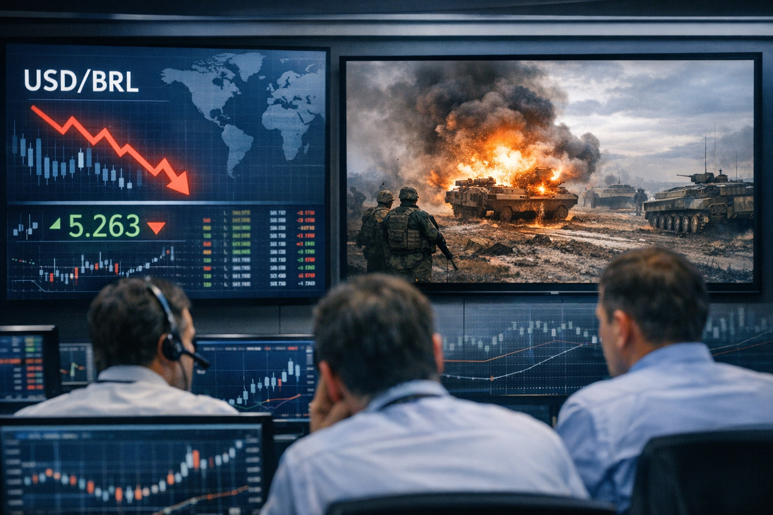 Painel do mercado cambial com cotação do dólar e reação dos investidores ao principal gatilho da sessão