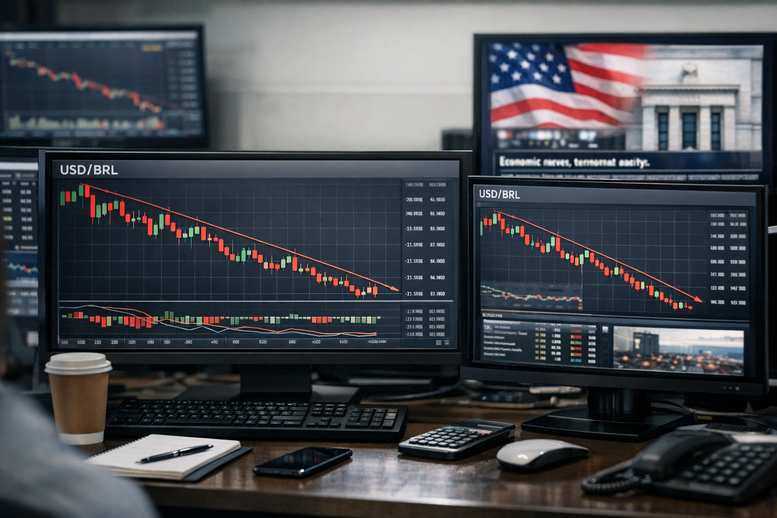 Painel do mercado cambial com cotação do dólar e reação dos investidores ao principal gatilho da sessão