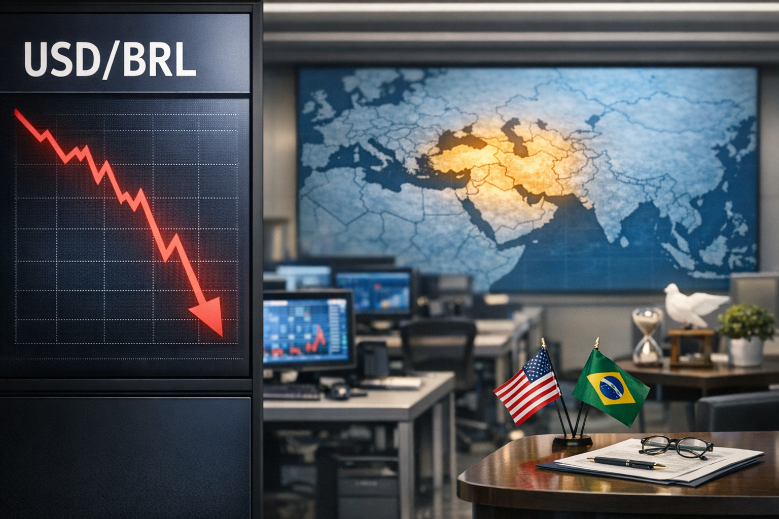 Painel do mercado cambial com cotação do dólar e reação dos investidores ao principal gatilho da sessão