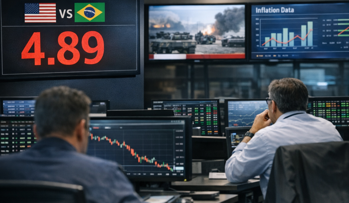Painel do mercado cambial com cotação do dólar e reação dos investidores ao principal gatilho da sessão